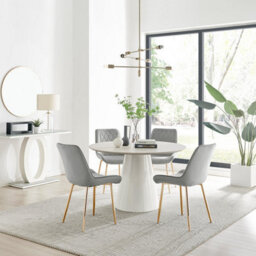 Furniturebox Uk Palma Beige Stone Effect Round Dining Table & 4 Grey Pesaro Gold Leg Chairs