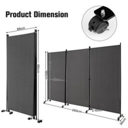 Costway 180Cm Freestanding Room Divider 3 Panel  Rolling Privacy Screens For Indoor - thumbnail 2