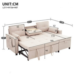 Abrihome Beige Linen L-Shaped Convertible Sofa Bed With Pull-Out Sleeper, Reversible Chaise, Storage & Cup Holder - thumbnail 5