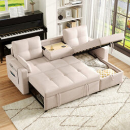 Abrihome Beige Linen L-Shaped Convertible Sofa Bed With Pull-Out Sleeper, Reversible Chaise, Storage & Cup Holder
