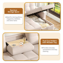 Abrihome Beige Linen L-Shaped Convertible Sofa Bed With Pull-Out Sleeper, Reversible Chaise, Storage & Cup Holder - thumbnail 3