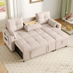 Abrihome Beige Linen L-Shaped Convertible Sofa Bed With Pull-Out Sleeper, Reversible Chaise, Storage & Cup Holder - thumbnail 9
