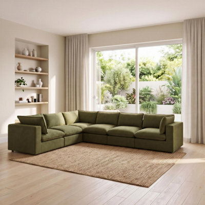Furniturebox Uk Echo Green Linen-Look Fabric 5 Seater L-Shaped Modular Corner Sofa - image 1