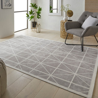 Light Grey Easy To Clean Modern Chequered Geometric Dining Room Bedroom And Living Room Rug -120Cm X 180Cm - image 1