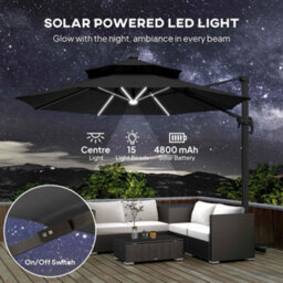 Outsunny 3M Rotating Cantilever Parasol Solar Lights Power Bank Dark Grey - thumbnail 4