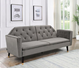 Comfy Living Grey Plush Velvet Tufted Sofa Bed With Black And Gold Legs