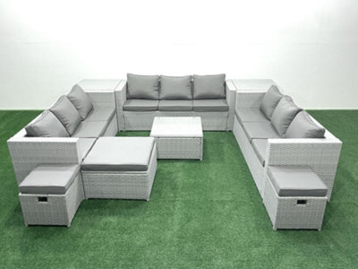 Fimous Rattan Garden Outdoor Furniture Set 12 Seater Rattan Garden Sofa Set 3 Stools 2 Side Tables Light Grey - image 1
