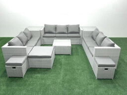 Fimous Rattan Garden Outdoor Furniture Set 12 Seater Rattan Garden Sofa Set 3 Stools 2 Side Tables Light Grey - thumbnail 2