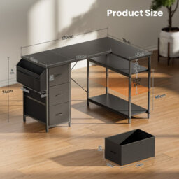 L Shaped Computer Desk 120 X 78 Cm With 3 Fabric Drawers And Storage, For Home Office, Black - thumbnail 2