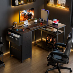 L Shaped Computer Desk 120 X 78 Cm With 3 Fabric Drawers And Storage, For Home Office, Black - thumbnail 7