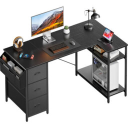 L Shaped Computer Desk 120 X 78 Cm With 3 Fabric Drawers And Storage, For Home Office, Black