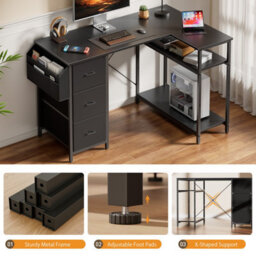 L Shaped Computer Desk 120 X 78 Cm With 3 Fabric Drawers And Storage, For Home Office, Black - thumbnail 5