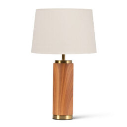 Lighting Supermarket Cylinder Wood Effect Print/gold Table Lamp With Ivory Gold Lined Shade - thumbnail 1