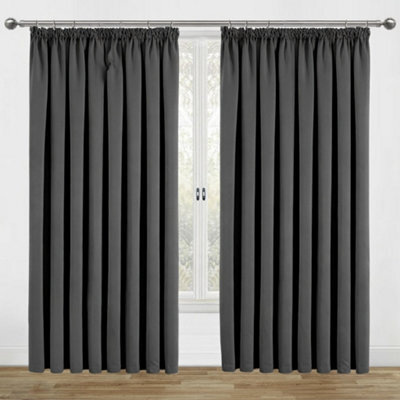 Aspire Homeware Dark Grey Plain Blackout Room Darkening Pencil Pleat Curtain Pair (W) 228Cm X (D)228Cm With Tie Back Pair - image 1