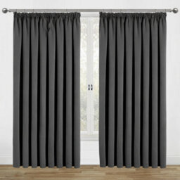 Aspire Homeware Dark Grey Plain Blackout Room Darkening Pencil Pleat Curtain Pair (W) 228Cm X (D)228Cm With Tie Back Pair