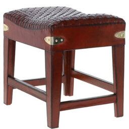 Ashwood Leather Leather Covered Wood Frame Vintage Woven Leather Stool Chestnut - thumbnail 3
