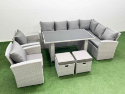 Fimous Outdoor Garden Furniture Sets 10 Seater Wicker Rattan Corner Sofa Sets With Dining Table 2 Small Footstools Light Grey - thumbnail 1