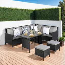 Thalia - Rattan Corner Sofa Set With Polywood Table And Stools - Black, 8 Seater With Weatherproof Cushions - thumbnail 2