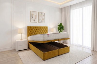 "Knight Sleep Ellis End Opening Ottoman Bed Mustard Plush 4Ft With Mattress & 24""headboard - Small Double" - image 1