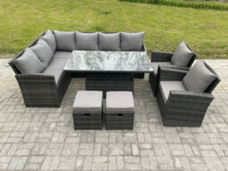 Fimous Outdoor Garden Furniture Set Wicker Pe Rattan Height Adjustable Rising Lifting Table Sofa Dining Set With 2 Small Footstool - thumbnail 2
