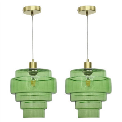 First Choice Lighting Set Of 2 Benson - 5 Tier Green & Satin Brass Ceiling Pendant Lights - image 1