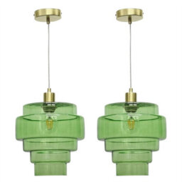 First Choice Lighting Set Of 2 Benson - 5 Tier Green & Satin Brass Ceiling Pendant Lights - thumbnail 1