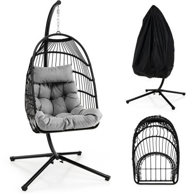 Costway Indoor Outdoor Hanging Chair Patio Swing Egg Chair W/ Stand & Cushion - image 1