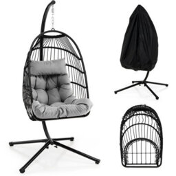 Costway Indoor Outdoor Hanging Chair Patio Swing Egg Chair W/ Stand & Cushion - thumbnail 1