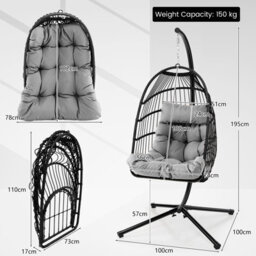 Costway Indoor Outdoor Hanging Chair Patio Swing Egg Chair W/ Stand & Cushion - thumbnail 2