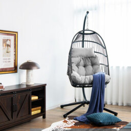 Costway Indoor Outdoor Hanging Chair Patio Swing Egg Chair W/ Stand & Cushion - thumbnail 3