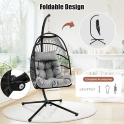 Costway Indoor Outdoor Hanging Chair Patio Swing Egg Chair W/ Stand & Cushion - thumbnail 6
