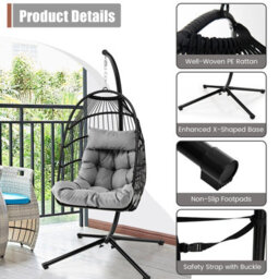 Costway Indoor Outdoor Hanging Chair Patio Swing Egg Chair W/ Stand & Cushion - thumbnail 9