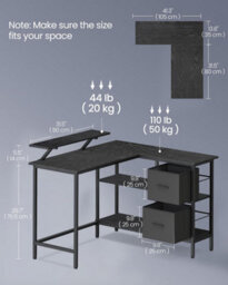 Songmics L-Shaped Desk, Corner Desk For Home Office, With 2 Large Drawers And Monitor Stand, Gaming Desk, Ebony Black - thumbnail 2
