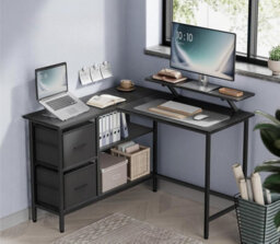 L-Shaped Desk, Corner Desk For Home Office, With 2 Large Drawers And Monitor Stand, Gaming Desk, Ebony Black