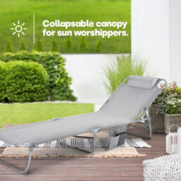 Livivo Folding Chair Sun Lounger With Canopy Sunshade, Grey - thumbnail 9