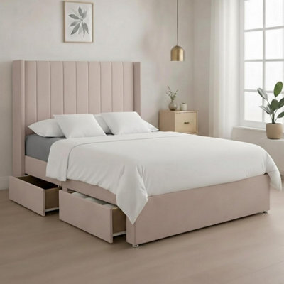 Luxury Pink Plush Milan Single Bed Frame With Mattress 54 Inches Wingback Headboard 2 Footend Storage Drawers - image 1