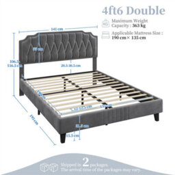Yaheetech Upholstered Bed Frame W/ Adjustable Headboard And Wooden Slat Support - Dark Grey / Double - thumbnail 4