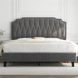 Yaheetech Upholstered Bed Frame W/ Adjustable Headboard And Wooden Slat Support - Dark Grey / Double - thumbnail 1