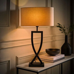 Valuelights Katniss Large Black Metal Bedside Table Lamp With An Oatmeal Oval Fabric Lampshade - Bulb Included - thumbnail 3