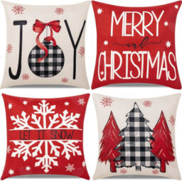 Amorly 4Pcs Red Christmas Throw Pillow Covers, 18X18In Cushion Cases With Joy Snowflake Motifs, Festive Decor For Sofa Couch Home Display - thumbnail 1