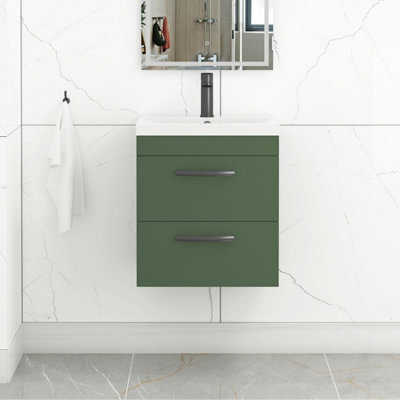 Royal Bathrooms Turin 500mm Wall Hung Vanity Unit Matt Green 2 Drawer Mid-Edge Basin With Matt Black Handles - image 1