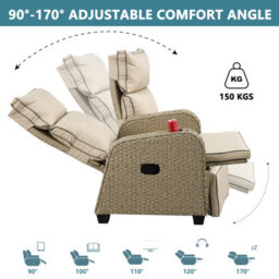 Patio Rattan Recliner Lounger Sofa With Soft Cushion, 170 Degree Adjustable Backrest And Footrest Support 150Kg - thumbnail 4