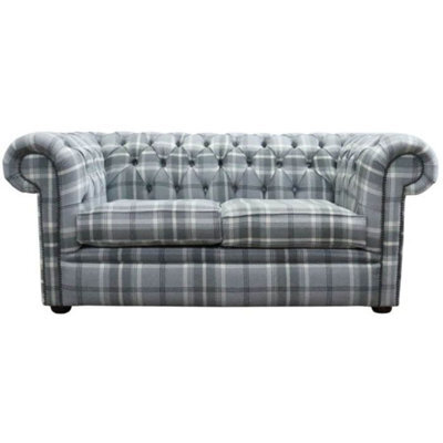 Chesterfield Handmade Tartan 2 Seater Sofa Balmoral Dove Grey Fabric In Classic Style - image 1