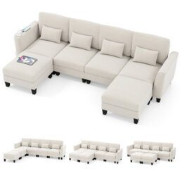 Gainoom 280Cm Sectional Sofa With 2 Ottomans Comfy Modular Couch Usb&type-C Charging Ports White