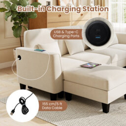 Gainoom 280Cm Sectional Sofa With 2 Ottomans Comfy Modular Couch Usb&type-C Charging Ports White - thumbnail 6