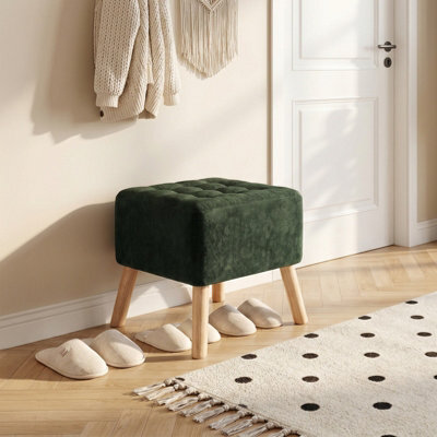Living And Home Green Chenille Upholstered Footstool With Rubberwood Legs, 41Cm W X 41Cm D X 41Cm H - image 1
