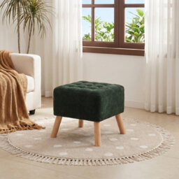Living And Home Green Chenille Upholstered Footstool With Rubberwood Legs, 41Cm W X 41Cm D X 41Cm H - thumbnail 2