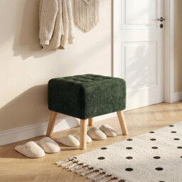 Living And Home Green Chenille Upholstered Footstool With Rubberwood Legs, 41Cm W X 41Cm D X 41Cm H