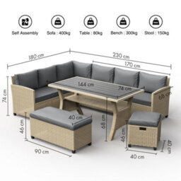 Vonhaus Rattan Garden Furniture Set, 9 Seater Outdoor Dining Set With Sofa, Table & Stools, 9 Person Rattan Patio Sofa Set, Kos - thumbnail 8