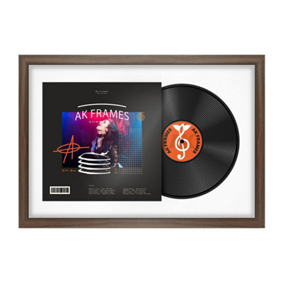 "AK Frames 25X17"" Walnut Sleek Vinyl Record Frame With White Mount For 12 Inch Lp Cover & Disc - Overlapped Design" - image 1